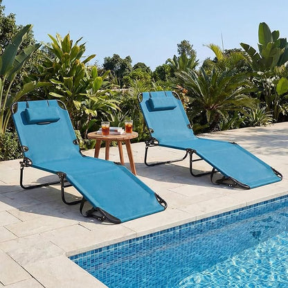 GYMAX Tanning Chair, 330lbs Beach Lounge Chair with Face Hole, Washable Pillow & Carry Strap, Adjustable Folding Chaise Lounge, Layout Lounger for Outside, Patio, Poolside, Lawn (1, Blue)