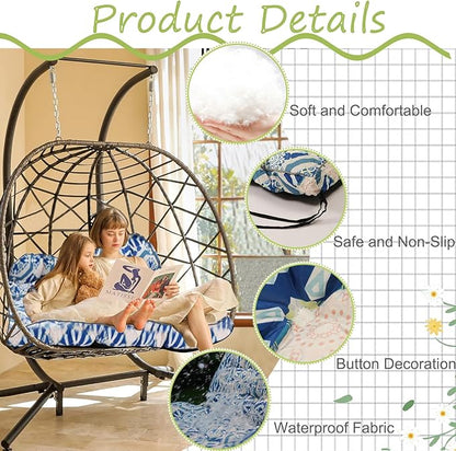 Swing Replacement Cushions with Backrest, 2 or 3 Seater Waterproof Non-Slip Overstuffed Swing Pad, Outdoor Bench Cushion for Porch Chair Swings Garden Furniture (Boho Blue, 40 * 63 in)