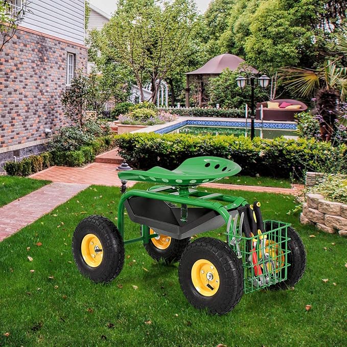 Goplus Garden Seat with Wheels, Rolling Garden Cart with Adjustable 360° Swivel Seat, Tool Tray, Basket for Lawn, Yard, Patio, Heavy Duty Gardening Stool, Outdoor Wagon Scooter for Seniors