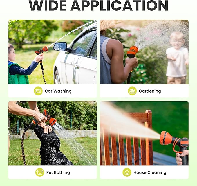 Giraffe Tools Non-Expandable Garden Hose 100FT 1/2” Lightweight Flexible Water Hoses Burst 600 psi with 9 Spray Function Nozzle Heavy Duty Hose