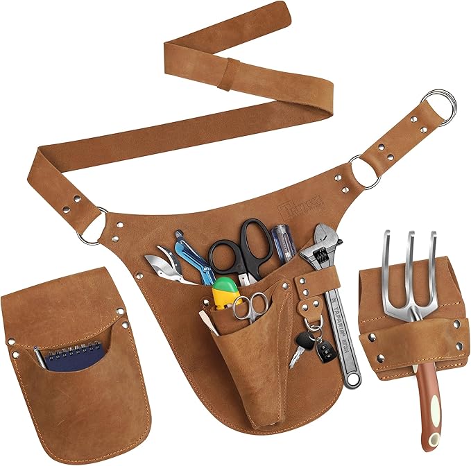 Leather Garden Tool Belt for Men Women | Gardening Tool Pouch | Gardener Apron | Holster Pouch | Tool Belt Bag Organizers | Florist Belt, Electrician, Carpenter, Framer, Landscaper
