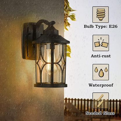 zeyu Farmhouse Outdoor Wall Lantern - 12 Inch Exterior Wall Sconce, Cast Aluminum with Seeded Glass, Black Finish, ZX48B BK