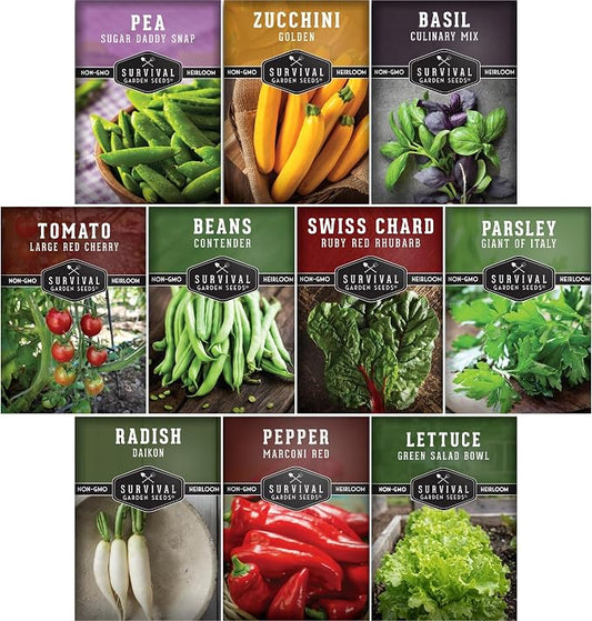 Easy to Grow Vegetable & Herb Seed Collection - 10 Packs of Non-GMO Heirloom Open-Pollinated Veg & Herb Essentials for Gardening Beginners - Seed Saver Instructions on Packets - Survival Garden Seeds