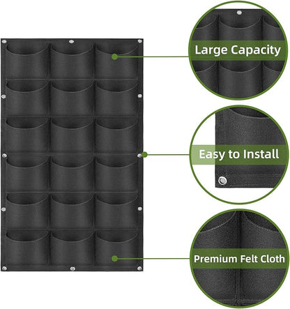 Hanging Planting Grow Bags, 18 Pockets Hanging Vertical Wall Planter Wall Mounted Grow Bag Outdoor Indoor Gardening Vertical Greening Flower Container, Planting Bags Storage Bags(1.0 m × 0.5 m, Black)