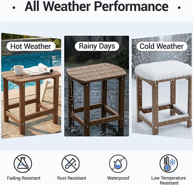 HDPE Patio Side End Table, Waterproof Outdoor Small Table for Patio, Garden, Poolside, Balcony, Deck, Porch, Backyard, Outdoor or Indoor Use, Brown