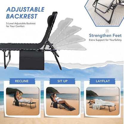 Flamaker Foldable Chaise Lounge Chair 5-Position Adjustable, Tanning Chair with Side Pocket, Outdoor Sunbathing for Pool, Beach, Patio, Lawn, Indoor Recliner Chair for Napping(Black, 1 Pcs)