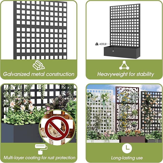 Metal Planter Box with Trellis, 71"x 47"x 16" Raised Garden Bed, Planter Box Trellis with Privacy Screen and Drainage Holes, Black