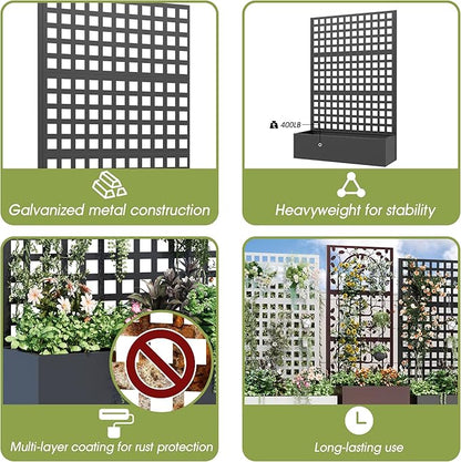 Metal Planter Box with Trellis, 71"x 47"x 16" Raised Garden Bed, Planter Box Trellis with Privacy Screen and Drainage Holes, Black