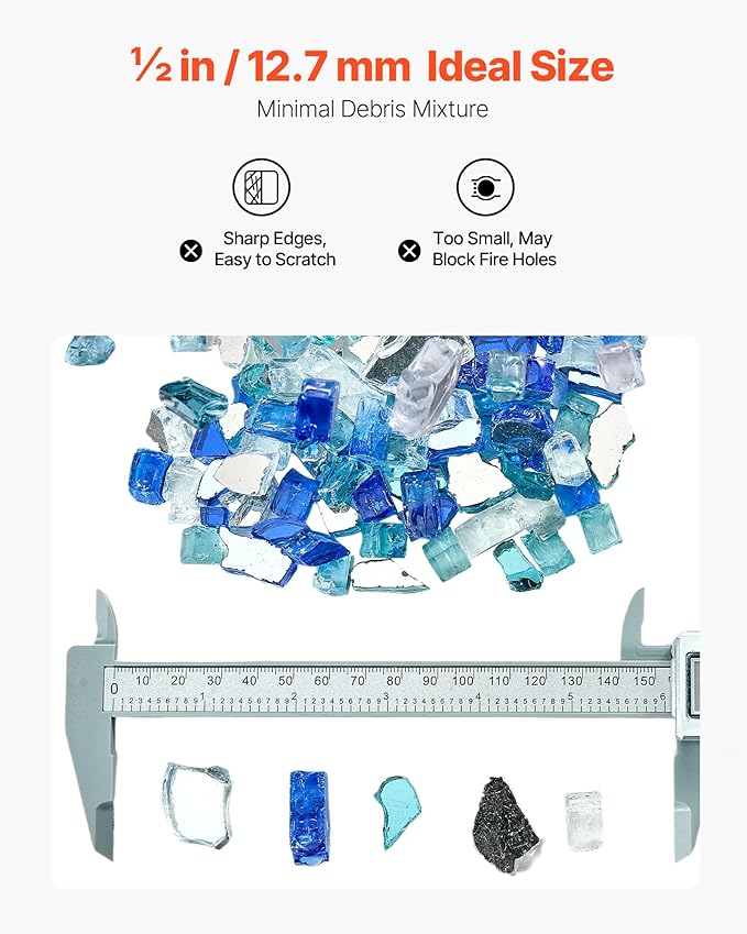 VEVOR Fire Glass, 10 LBS / 4.5 KG Fireplace Rocks, 1/2-Inch / 12.7 mm Reflective Firepit Glass Rock, High Luster & Smokeless Stone Landscaping for Fire Pit Table, Cobalt Blue + Aqua Blue + Clear