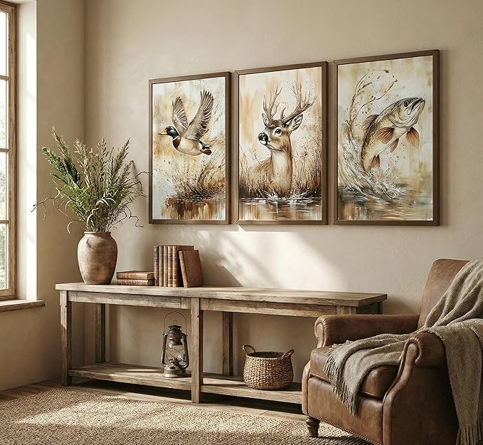3Pcs Rustic Outdoor Wildlife Canvas Wall Art,Watercolor Deer Duck And Fish Posters Prints,Vintage Farmhouse Hunting Wall Decor Pictures,for Living Room Bathroom Kitche Home Decoration