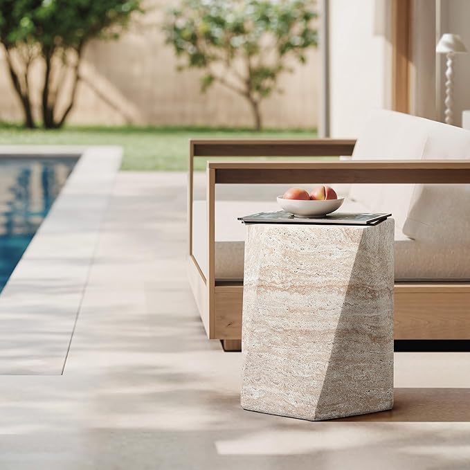 LuxenHome Outdoor Accent Side Table, 18'' Travertine-Style Irregular Textured Cement Patio End Table, Outdoor Coffee Furniture for Backyard Balcony, Modern Garden Stool for Outside