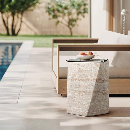 LuxenHome Outdoor Accent Side Table, 18'' Travertine-Style Irregular Textured Cement Patio End Table, Outdoor Coffee Furniture for Backyard Balcony, Modern Garden Stool for Outside