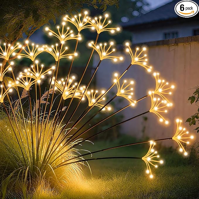 JJGoo Solar Garden Lights, New Upgraded 6 Pack Solar Swaying Starburst Light, Waterproof Fireworks Outdoor Lights, Yard Patio Pathway Decoration, Warm White