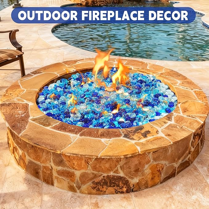 10 Pounds Fire Glass Rocks, 3/4 Mixed Color Fire Glass Beads for Propane Fire Pit, Fireplace and Outdoor Decorative (Caribbean Blue+Cobalt Blue+Crystal Ice)