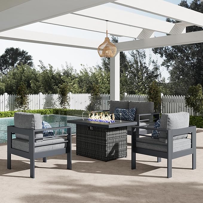LayinSun Aluminum Furniture Set with Fire Pit Table, 4 Pieces Patio Sectional Conversation Chat Sofa Modern Seating Set