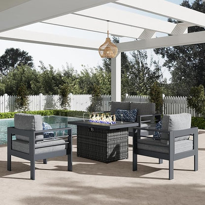 LayinSun Aluminum Furniture Set with Fire Pit Table, 4 Pieces Patio Sectional Conversation Chat Sofa Modern Seating Set