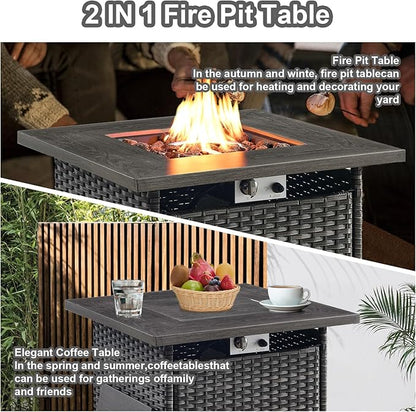 HUMMUH 5 Piece Patio Furniture Set,Wicker Swivel Rocker Patio Chairs Set of 4 with 30'' Fire Pit Table Outdoor Furniture Set for Porch,Garden,Backyard
