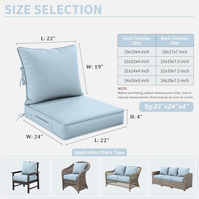 Premium Outdoor Seat Cushion Chair Cushions for Patio Furniture 22 L X 24 W X 4 H Waterproof & Fade Resistant Deep Seat and Backrest Cushion Set with Removable Covers for Chair, Sofa
