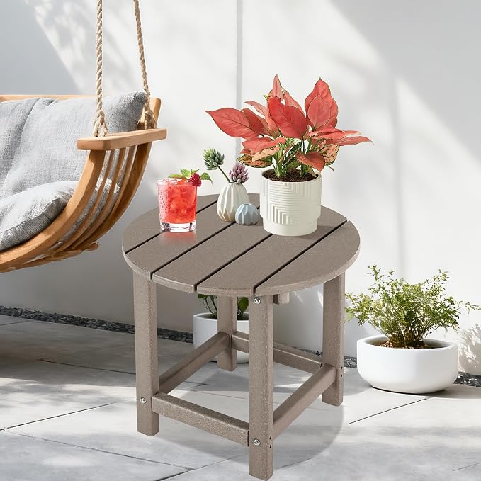 LZRS Round Adirondack Patio Side Table End Table, Outdoor Side Tables for Patio, Backyard,Pool, Indoor Companion, Easy Maintenance & Weather Resistant(Oak)
