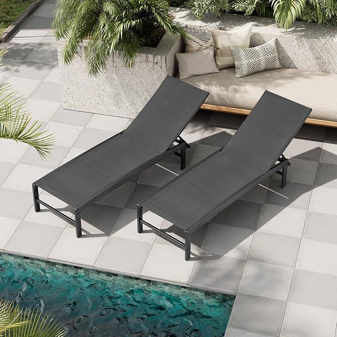 Crestlive Products Chaise Lounge Chair Outdoor Set of 2, Adjustable 5 Positions Pool Lounge Chairs, Metal Tanning Recliner, Outdoor Furniture All Weather for Patio, Beach, Yard, Pool