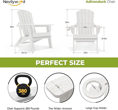 nevilywood Folding Adirondack Chair with Cup Holder Set of 4, HDPE Patio Chairs,All-Weather Outdoor Chairs for Backyard, Deck,Fire Pit-White