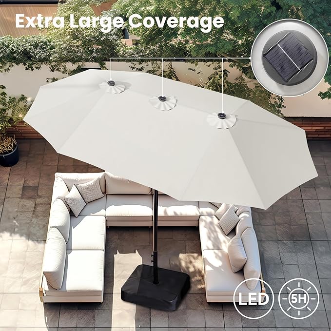 PHI VILLA 15ft Large Patio Umbrella with Solar Lights, Double-Sided Outdoor Market Rectangle Umbrellas with 36 LED Lights, Umbrella Base (Stand) Included, Ivory