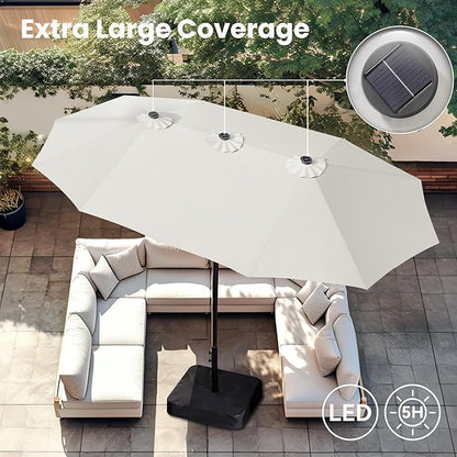 PHI VILLA 15ft Large Patio Umbrella with Solar Lights, Double-Sided Outdoor Market Rectangle Umbrellas with 36 LED Lights, Umbrella Base (Stand) Included, Ivory