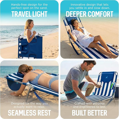 Ostrich Beach Lounge Chair, Folding & Reclining Outdoor Chaise Lounger, Blue/White Striped - Portable Adjustable Recliner Chair for Lawn, Pool, Patio, Garden, and Yard