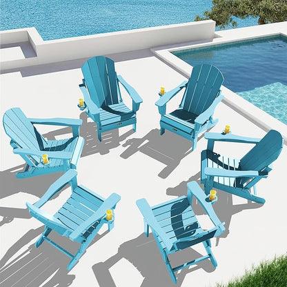 SERWALL Folding Adirondack Chair with Cup Holder Weather Resistant Patio Chair Outdoor Chairs Painted Adirondack Chairs Set of 2 - Aruba Blue