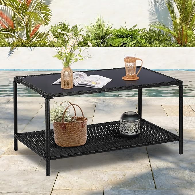 SUNNYPARK Outdoor Rattan Coffee Table 36’’ All-Weather Wicker Patio Side Tables with Glass Top and Storage Shelf Furniture for Living Room Balcony Backyard Poolside