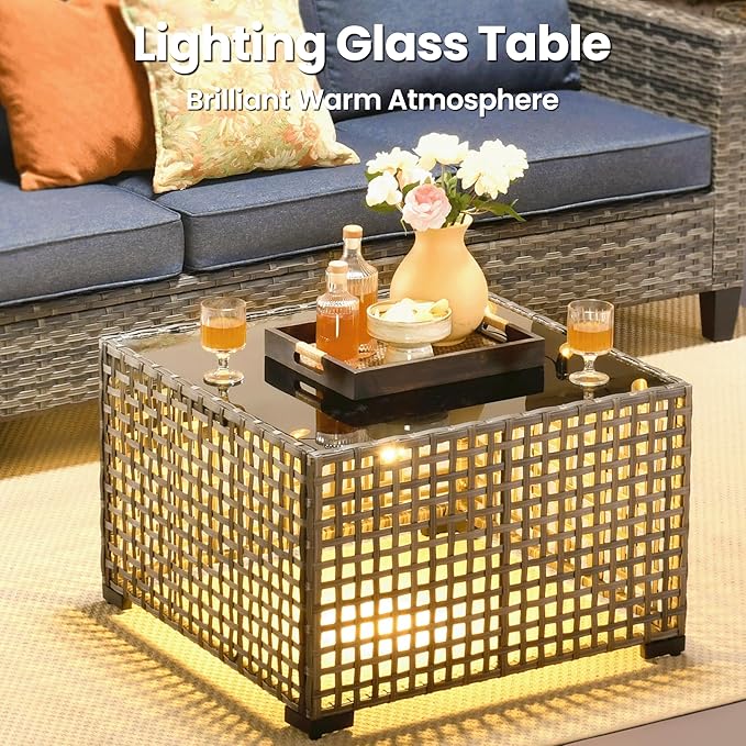 ovios 9 Pieces Patio Furniture Set, Outdoor Wicker Sofa Couch with Rocking Swivel Chairs Fire Pit Table, Modern Deep Seat Rattan Conversation Sets for Porch Deck, Denim Blue