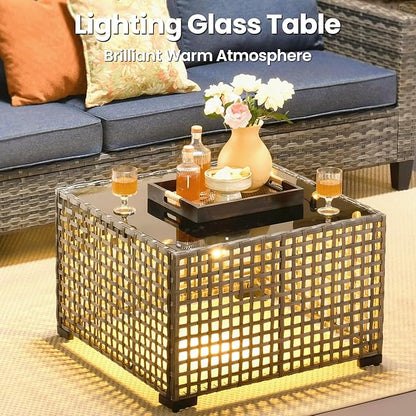 ovios 9 Pieces Patio Furniture Set, Outdoor Wicker Sofa Couch with Rocking Swivel Chairs Fire Pit Table, Modern Deep Seat Rattan Conversation Sets for Porch Deck, Denim Blue