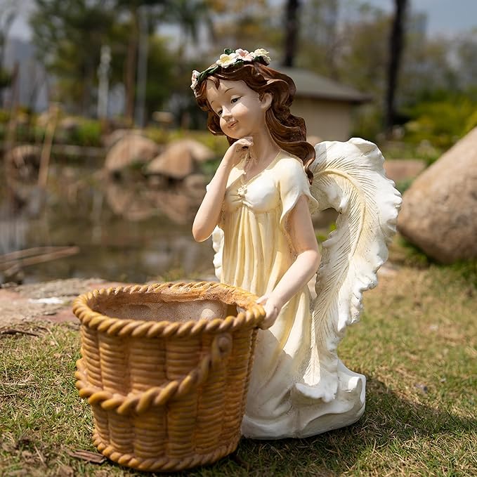 Garden Angel Planter, 11.8 inch Decorative Resin Fairy Flower Pot, Hand Painted Outdoor Patio Figurine