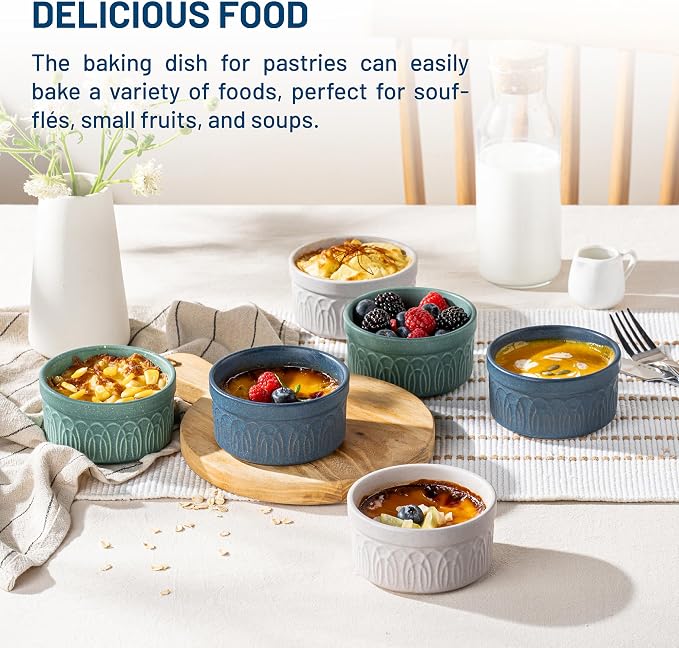 DAFUCERAMIC Ramekins 8 Oz Oven Safe, Ceramic Creme Brulee Souffle Dishes, Pudding Custard Cups Ramekin For Baking, Small Dipping Sauce Bowls, Set of 6, Microwave and Dishwasher Safe (Assorted Neutrals)