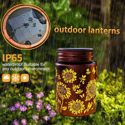 2pack Sunflower Solar Lanterns Outdoor, Solar Mason jar Lights Hanging Waterproof Metal Lanterns for Patio, Pathway, Yard (Sunflower 2pack)