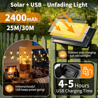 Solar Lights Outdoor Waterproof: ST38 82FT 25M Shatterproof Bulbs Patio Lights - Solar Powered & USB Charging- Remote Control 3 Light Modes Dimmable Solar Light - Camping Backyard Garden