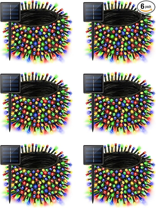 6 Pack Christmas Solar String Lights Outdoor Waterproof, 198FT 600 LED Green Wire Solar Fairy Lights with 8 Modes, Solar Twinkle Lights for Garden Tree Patio Fence Christmas Decorations (Multicolor)