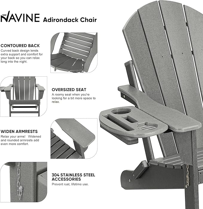 Adirondack Chair, HDPE Folding Adirondack Chair with Multifunctional Cup Holder, Weather Resistant Fire Pit Chair for porches, patios, patios, poolsides, Decks.