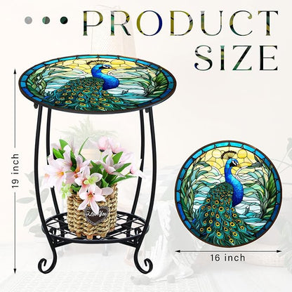 Cinnvoice Outdoor Side Table Round Small Mosaic Patio Accent Indoor End Plant Coffee Tea Table for Yard Patio Porch Garden Living Room, Bedroom(Peacock Style,16 Inch)