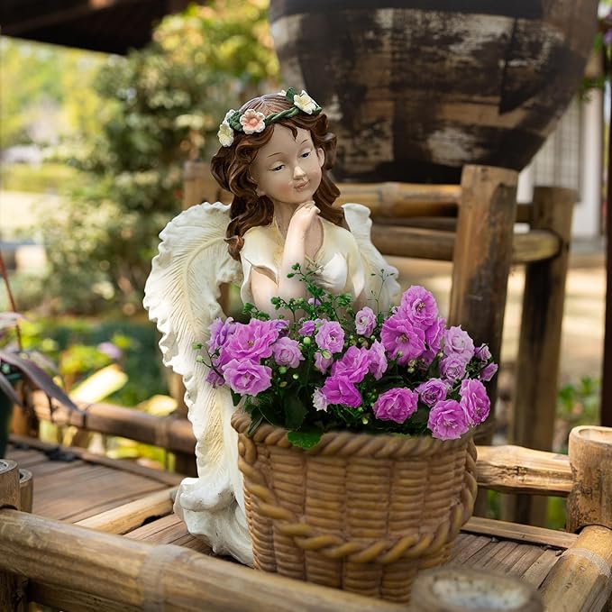 Garden Angel Planter, 11.8 inch Decorative Resin Fairy Flower Pot, Hand Painted Outdoor Patio Figurine