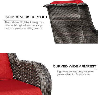 Joyside 5 Piece Outdoor Patio Furniture Set Wicker Conversation Bistro Set Swivel Rocking Chairs with Side Table and Ottomans for Backyard, Porch, Deck(Mixed Grey/Red)