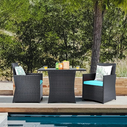 HAPPYGRILL 3PCS Outdoor Wicker Bistro Set PE Rattan Dining Table Set with Cushioned Chairs, Patio Conversation Set for Backyard Porch Garden and Poolside