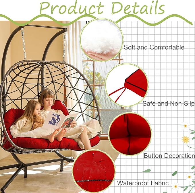 Swing Replacement Cushions with Backrest, 2 or 3 Seater Waterproof Non-Slip Overstuffed Swing Pad, Indoor/Outdoor Bench Cushion for Porch Chair Swing Garden Furniture (Red, 40 * 70.8in)