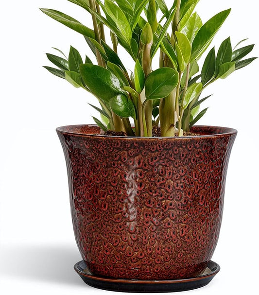 10 Inch Plant Pot - Ceramic Pots for Plants with Drainage Hole and Saucer, Round Flower Pot for Indoor Outdoor, Modern Ceramic Planter, Garden Room Home Decor, House Warming Gifts, Red