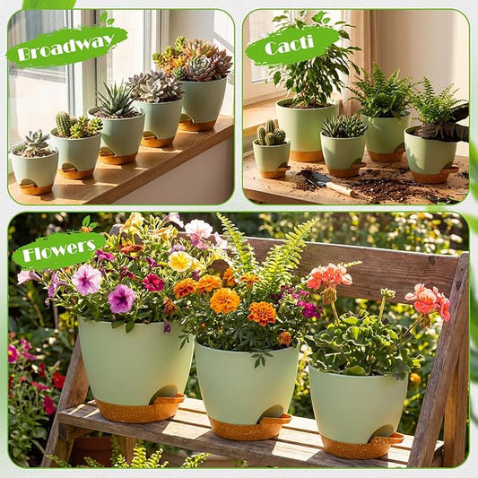 Remerry 15 Pcs 7/6.5/6/ 5.5/5 Inch Self Watering Planters with Drainage Hole Plant Pots Plastic Flower Pots Self Watering Pot and Saucer Reservoir for Garden Plant Flower(Green)