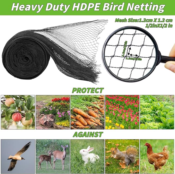 Garden Mesh Netting 10x50 FT - Heavy Duty Bird Net, Mesh Pest Barrier Reusable Ultra Fine Deer Fence Netting Crops Row Cover Raised Bed Protect Fruits Flower Vegetables from Bird Deer Squirrel