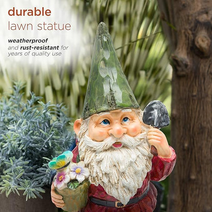 Alpine Corporation 12" Tall Outdoor Garden Gnome with Flower Pot Yard Statue Decoration