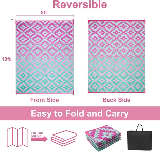 Anidaroel Ombre Outdoor Area Rugs 8x10 Waterproof, Reversible Plastic Straw Outside Rug for Patios Clearance, Large Outdoor Area Rug for RV Camping, Picnic, Camper, Backyard(Green&Pink,8‘x10')
