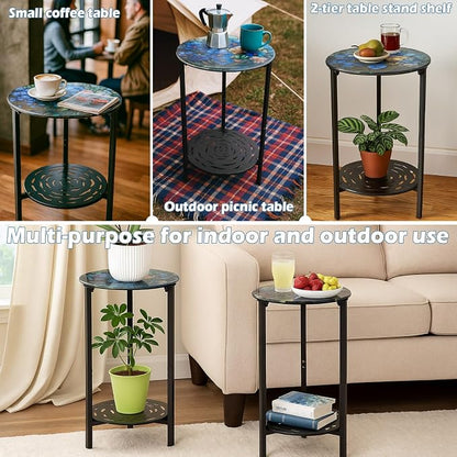 2-Tier Metal Round Side Table Black Accent Coffee Tables Small Space Corner Plant Stand Shelf for Indoor Outdoor Use Patio Balcony End Table Floral Print Weather-Resistant