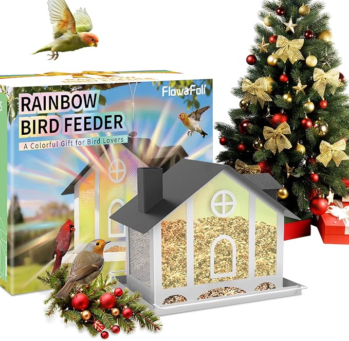 FlowaFoli Bird Feeder House for Outside, Decorative Large Bird Feeders for Outdoors with Rainbow Acrylic Panels, Ideal Gift for BirdLovers to Attract Feathered Friends Year-Round